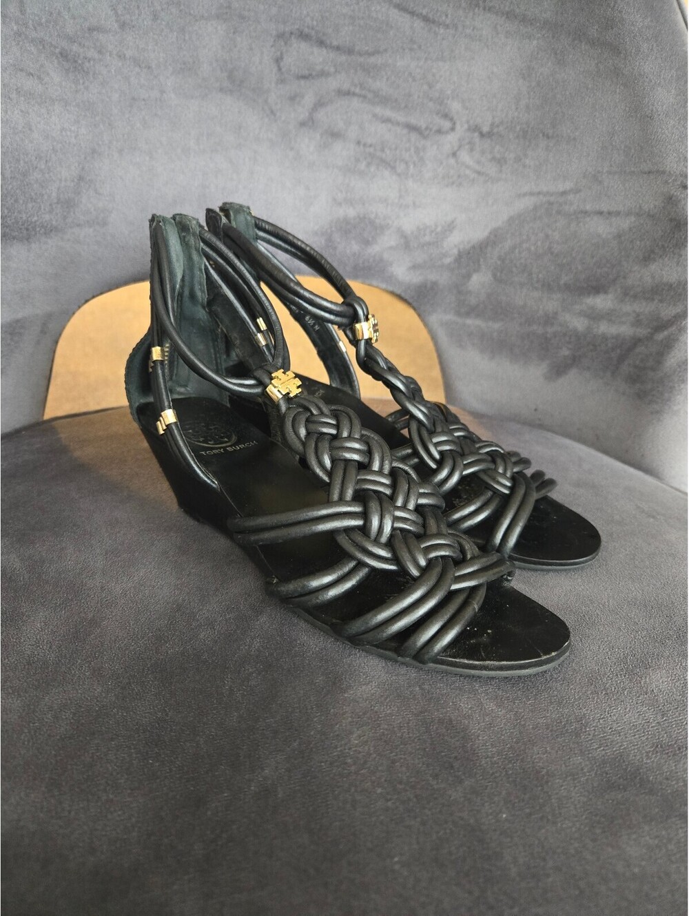 Tory Burch Black Leather Woven Strappy Gladiator Wedge Sandals Size 6.5M